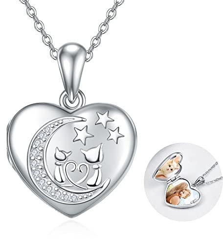 TANGPOET Mond Medaillon Halskette für Bilder Katze Personalisierter Herz Medaillon Anhänger Foto Andenken Schmuck für Frauen und Mädchen
