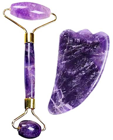 Jade Roller und Gua Sha Set Natural Jade Roller Stick Amethyst Scraping Sheet Double-Headed Roller Beauty Massage Jade Zweiteilige Gesichtsmassage