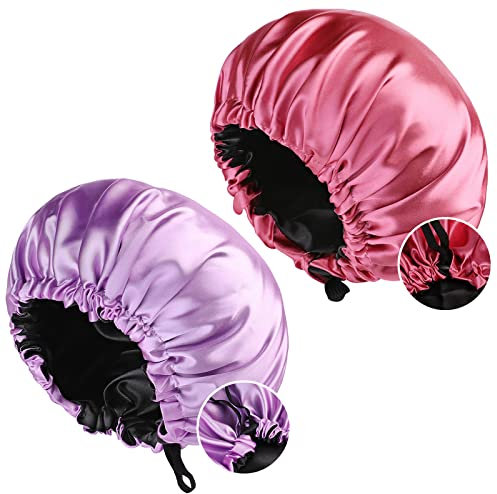 Cuffia Seta Capelli Ricci, Cuffia Capelli Ricci Notte Bonnet, Cappello da Notte Raso, Doppio Strato Cuffia Capelli Notte,Copricapo Regolabile Con Coulisse, per Donne, 2 Pezzi(Viola Chiaro+Rosso)