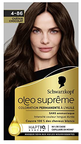 Schwarzkopf Oléo Supreme – Chocolate – 4-86 – Tinte permanente con aceite – Sin amoniaco – Intensidad de color de larga duración – Cubre 100% canas – Sistema Haptiq System