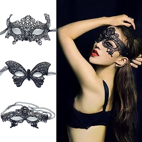 NEEMOSI 3 Stücke Schwarz Spitze Maske Venezianische Masken Maskerade Damen Sexy Augenmasken Spitze Catwoman Maskenball Maske Masquerade Lace Halbes Gesicht für Karneval Party Kostüm Ball Masken