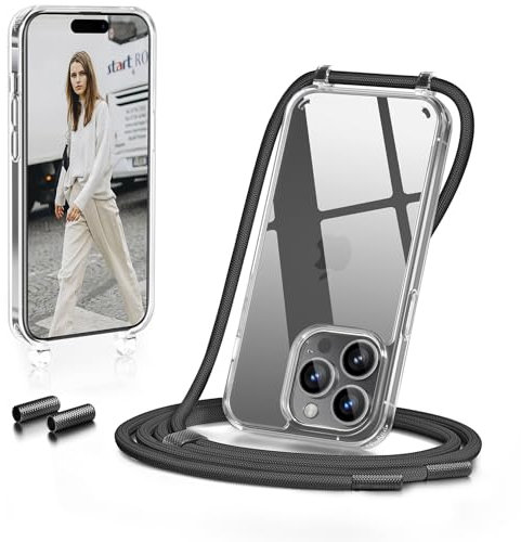 GOODVISH Coque pour iPhone 15 Pro Max avec Cordon de Collier, Transparente Coque Bumper Etui Housse avec Cordon Réglable Téléphone Lanyard Case Anti-Chute Collier Cover 6,7 Pouces TPU, Noir