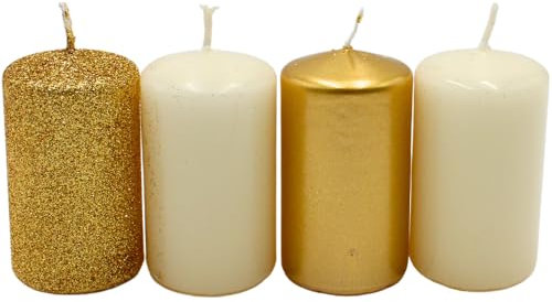 Stumpenkerze, Adventskerzen, Adventskranzkerzen, in Gold und Elfenbein, Verschiedene Farbnuancen, Größe H/Ø ca. 7 x 4 cm, 250 gr, Brenndauer 4X 10 h
