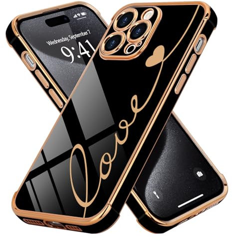 LCHULLE Kompatibel mit iPhone 15 Pro Max(6.7 Zoll) Hülle Liebesherz Handyhülle Mädchen Kameraschutz Herz Schutzhülle Cute Love Silikon Case für iPhone 15 Pro Max Schwarz