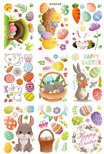 Fensterbilder Ostern Deko - 9 Blätter/90 Stück Oster Fensterbilder Frühling Selbstklebend Fenstersticker Ostern mit Hasen Küken Ostereie Fensterdekoration Frühling für Ostern Dekoration
