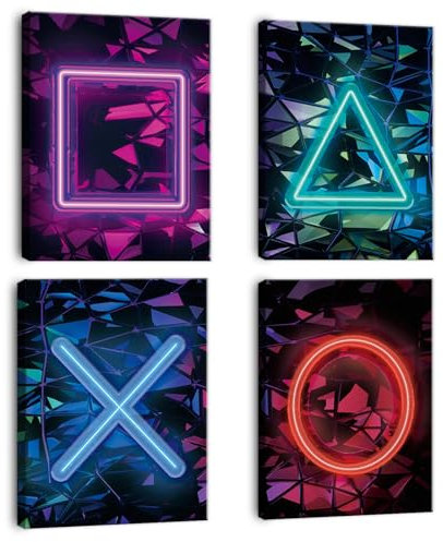 BINCUE Bunte Game Wandbild,XO Videospiel Gaming Poster,Wanddeko für Jugendzimmer,Neon Gaming Poster für Schlafzimmer Gaming Zimmer Kinder Zimmer Spielzimmer Geschenk Gamer bilder,4 Stück, 25x20CM