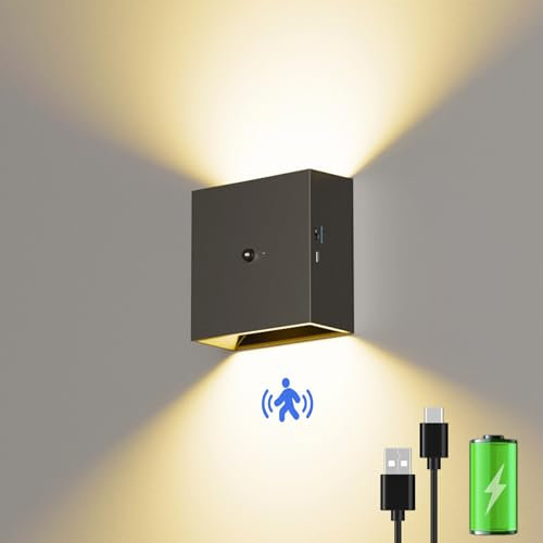 Suright Akku Wandleuchte mit Bewegungsmelder, LED Aufladbare Wandleuchte Innen mit 3 Modi (AUTO/AUS/EIN), 3000K Warmweiß Wandlampe Kabellos für Treppe, Flur, Wohnzimmer, Schlafzimmer, Garage, Schwarz