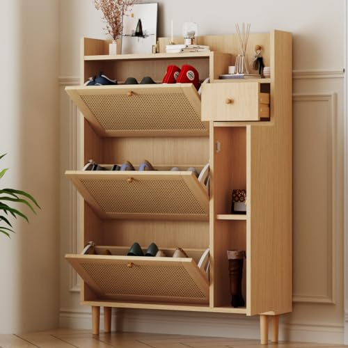 KOMHTOM Armoire à Chaussures en rotin avec 4 Portes et 1 Petit tiroir, Meuble a Chaussures Entree Range Chaussures (B, Couleur du Bois)
