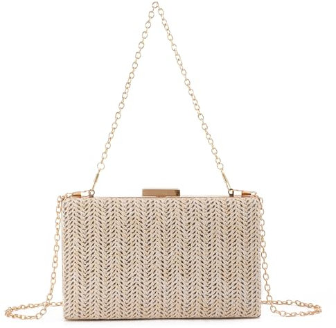 Syrads Bolso de hombro de paja para mujer Pajitas de mano de playa tejidas Bolsos de noche de playa de verano,Beige