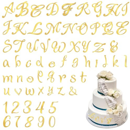 Tyqour 64 Stück Buchstaben Tortendeko, Gold Acryl Kuchen Deko Tortendeko Zahlen 0-9 und A-Z Großbuchstaben Kleinbuchstaben für Feier Geburtstag Hochzeit Jubiläum Party