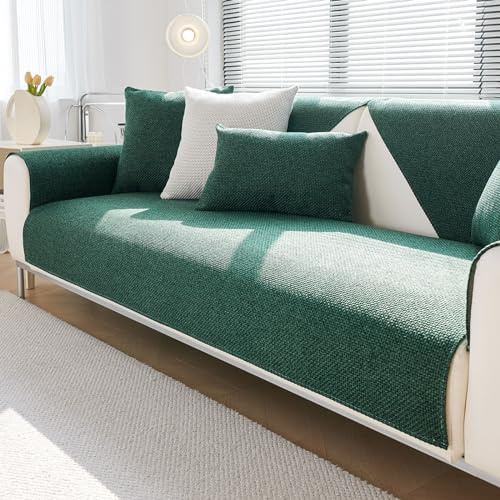 Treer Leinenstoff Sofabezug rutschfest, Einfach Stil Sofaüberwürfe Weich Couch Überwürfe L Form/Ecksofa Sofaschutz 1 2 3 4 Sitzer Sofaabdeckungen Couch Überzug Sofaschoner (70x150cm,Dunkelgrün)