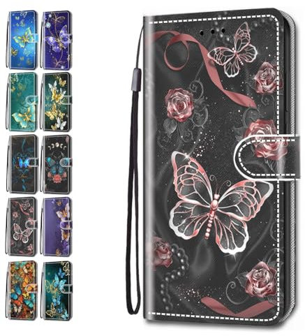 Flip Case for iPhone SE 2022 / SE 2020/7 / 8 Patterned Design with Card Holder Leather Wallet Phone Cover for Girls Boys Women Men - Black Red Butterflies