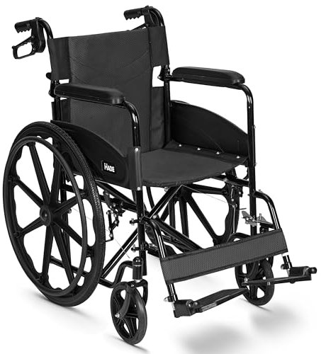 Lightweight Folding Wheelchair - Travel Friendly Foldable Self Propelled Transit Wheel Chair - Adjustable Footrests, Lock Lever Brakes, Dual Parking Brakes - Black, Wide 20 Seat