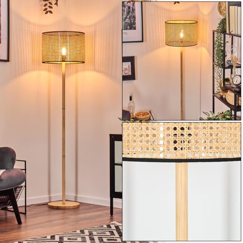 HOFSTEIN Stehleuchte Ramila, Stehlampe mit Holzfuß im skandinavischen Design mit Schirm aus Rattan/Wiener Geflecht Ø 40 cm, E27, 165 cm, Fußschalter - Wohnzimmer, Schlafzimmer, Esszimmer, Flur, Büro