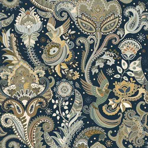 VaryPaper Blumen Tapete Selbstklebend Vintage Fototapete Vogel Paisley 44.5cmx200cm Klebefolie Muster Dekofolie Möbelfolie Selbstklebend Wandtapete Badezimmer Wasserfest Flur Kommode Schrankfolie