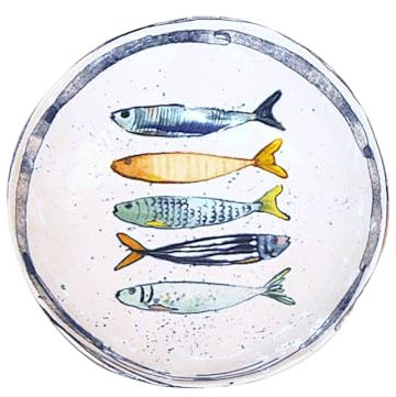 Piatto piano in ceramica con disegni di pesci 25,6 Ø | Piatti piatti in ceramica | Piatto piano grande da cucina | Piatti da tavola in porcellana vintage design | Adatto per microonde e lavastoviglie
