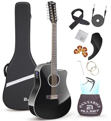 ALLSET Guitare acoustique électrique à 12 cordes | Guitare pleine taille avec pan coupé, guitare Acustica en épicéa, sangle auxiliaire, cordes, médiator | Kit de doigté pour performance en direct