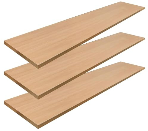 Set of 3 Shelf Boards 118cm Long Wall-Mounted Classic Shelf for Living Room Bedroom Kitchen or Office NO Brackets Included [Light Wood (118 x 23.5cm)]