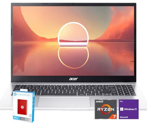 acer Ordinateur portable Aspire 3 | Écran FHD 15,6 (1920 x 1080) | AMD Radeon | AMD Ryzen 7-5700U 8 cœurs | 32 Go de RAM | SSD 1,5 To (SSD PCIe 1 To avec SSD portable HP P500 512 Go) | Port Ethernet