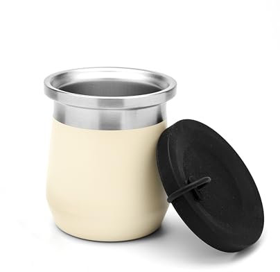 balibetov Mate Argentino moderno de Acero Inoxidable 270 ml – Doble Pared, Térmico, Base Antideslizante, Tapa de Silicona Antiderrames (Beige)