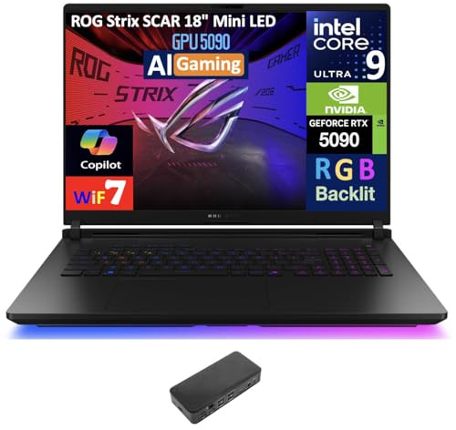 ASUS ROG Strix Scar AI Gaming Laptop 18 240Hz Mini LED WQXGA Display (Intel Ultra 9-275HX, GeForce RTX 5090 24GB, 64GB DDR5, 2TB PCIe SSD, RGB KB, 2 Thunderbolt 5, Win 11 Pro) w/USB-C Dock