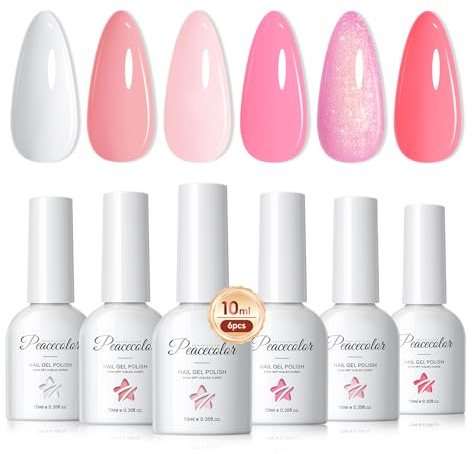 PEACECOLOR Gel Nail Polish Set, 6 Colors Pink Collection White Light Pink Glitter 10ML Gel Polish Starter Kit Soak Off Nail Manicure Set DIY Nail Art Salon Home Gift for Women Girls