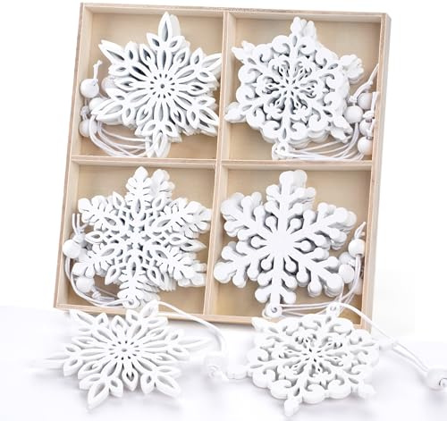 HOUISM Christbaumschmuck Anhänger 16 Stück Weiß - Weihnachtsbaumschmuck Schneeflocken aus Holz für Winterdeko, Fensterdeko, Geschenke und Tischdeko
