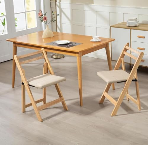 Holz-Faltstühle mit gepolsterten Kissen, Faltbare Esszimmerstühle mit abriebfestem Kunstleder, tragbar und vormontiert für Gäste, Küche, Büro, Hochzeit, Party, 44 x 47 x 77 cm, belastbar bis 160kg