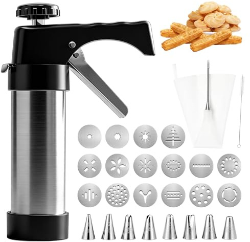 Spara Biscotti per Frolla,Pressa per Biscotti In Acciaio Inox con 16 Sagome, 8 Beccucci, Sacchetto in TPU e Spazzola per la Pulizia Pressa per Biscotti per Torte