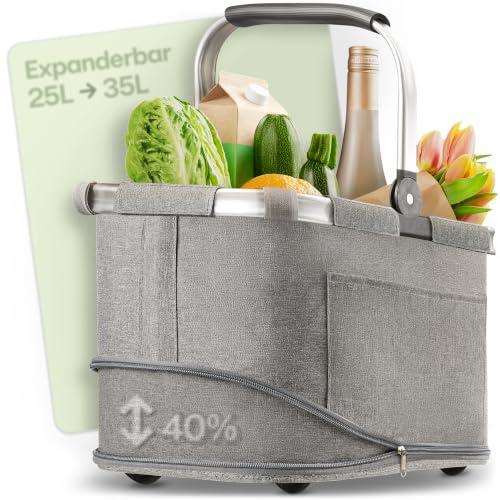 Praknu Cestino per La Spesa Pieghevole Piccolo – 2 in 1 Espandibile 25L a 35L – Tessuto lavabile – Stabile con Telaio in Alluminio e Fondo Rinforzato – Tasche Extra interne ed esterne – Grigio