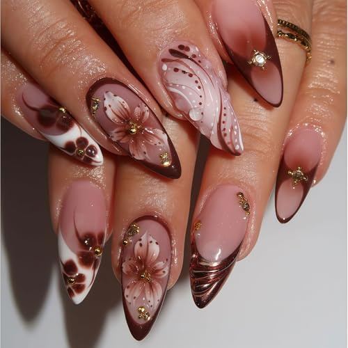 24 Pieces Press On Nails False Nails Fake Nails Stick On Nails, Almond French Tip Acrylic Nails With Flower Rhinestone Design, For Daily Wear Party (Brown Medium)