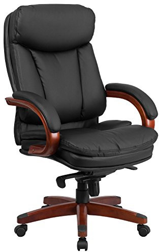 Flash Möbel Hohe Rückseite Leder Executive Drehstuhl mit Synchro-tilt Mechanismus, Mahagoni Holz Boden und Arme, Metall, schwarz, 85.09 X 67.31 X 41.27 cm