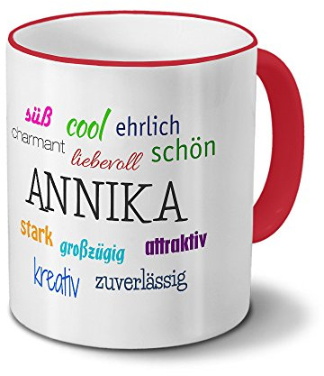 printplanet Tasse mit Namen Annika - Positive Eigenschaften von Annika - Namenstasse, Kaffeebecher, Mug, Becher, Kaffeetasse - Farbe Rot