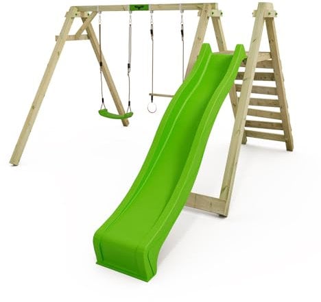 FATMOOSE Balançoire pour Enfants Portique de balançoire JollyJay avec Toboggan Vert Pomme & balançoire, portique de balançoire avec échelle, balançoire en Bois pour Enfants dans Le Jardin