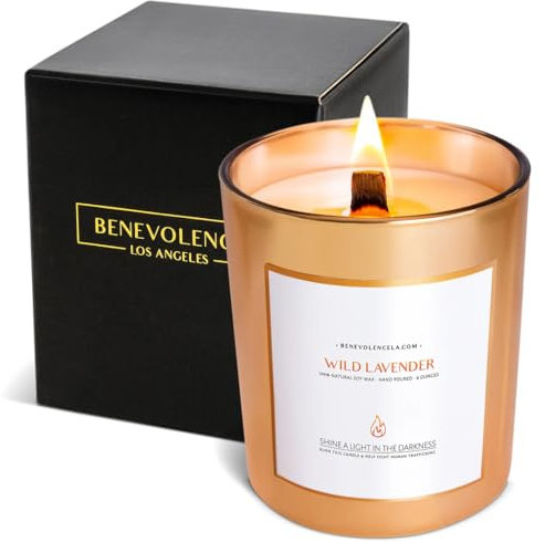 Benevolence LA Wild Lavender Wood Wick Candles | Soy Scented Candles for Home | Gifts for Women and Men | Home Fragrance | Aromatherapy | Shelf Decor, Bathroom Freshener | 45 Hour Burn, 227g