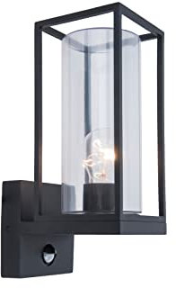 LUTEC Außenwandleuchte Flair mit Bewegunsmelder,moderne Wandlampe aus Metall/Glas in Mattschwarz,1 flammige Außenlampe, eckige Wandleuchte mit E27-Fassung max. 60 Watt, Außenleuchte mit Lichteffekt