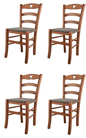 Tommychairs - Set 4 sedie modello Cuore per cucina bar e sala da pranzo, robusta struttura in Legno di faggio color ciliegio e seduta rivestita in tessuto colore capriolo