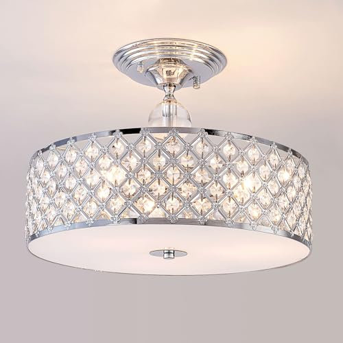 HARPER LIVING Modern Semi Flush Mount Ceiling Light, 3 Lights Crystal Drum Chandeliers, Polished Chrome Ceiling Light for Dining Room Bedrooms Living Room Kitchen Hallway, E27 Bulb Caps