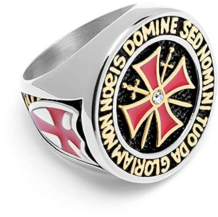 Schmuck-Checker Templer Ring aus 316L Edelstahl Kreuzritter Siegelring teilweise vergoldet mit rotem Tatzenkreuz Schwerter und Zirkon Stein (60 (19,1 mm Ø))