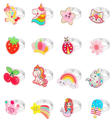 HIFOT 16 Stück Kinderringe Set Mädchen, Verstellbare Ringe Meerjungfrau Einhorn Ring Schmuck Set, Prinzessin Dress up Party Favors Ring