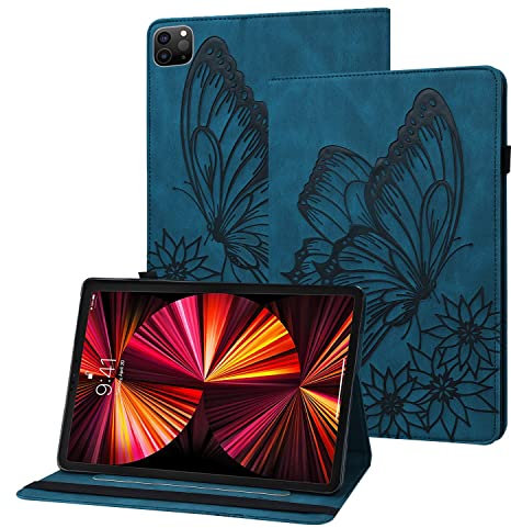 Rostsant Coque iPad Air 4/iPad Pro 11 Papillon en Relief Etui en Cuir PU Portefeuille Porte-Stylo Tablette Housse de Protection pour iPad Air 2021 10.9, iPad Pro 11 Pouces 2018/2020/2021 Bleu Marine