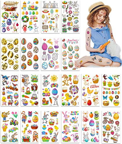 XiXiRan Kindertattoo Ostern, 20 Blatt Ostereier Hase Küken Blume temporäre Tattoos Kinder Aufkleber Sticker, Ostern Tattoos Set für Kinder Mädchen, Tätowierungen Wasserdicht, Geschenkidee Ostern