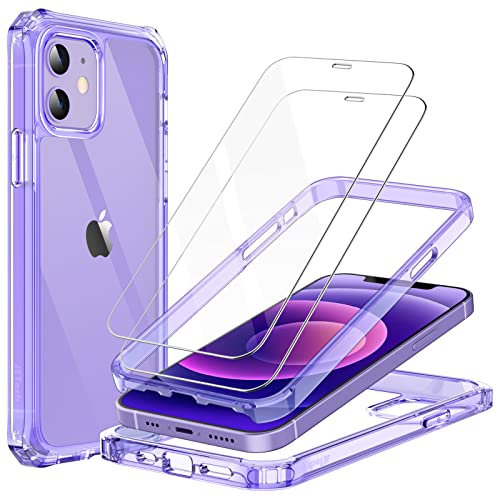 JETech Case for iPhone 12/12 Pro 6.1-Inch with 2-Pack Tempered Glass Screen Protector, 360 Full Body Shockproof Bumper Phone Cover Protective Clear Back (Purple)