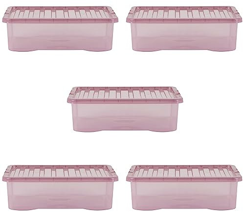 Wham Crystal 5x 32L Plastic Storage Boxes with Lids. Medium Size, Under Bed Storage, Strong, Stackable, Nestable (Pack of 5, 32 Litre). Made in the UK (Tint Dusky Orchid (Pink))