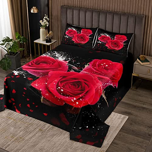 Loussiesd 3D Rose Bettüberwurf 220x240cm für Mädchen Rose Blumen Drucken Steppdecke Jugendliche Frauen Romantische Blumen Muster Tagesdecke Luxus Rot Schwarz Raumdekor