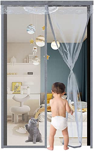 Magnetic Fly Screen for French Doors 195x200cm, Magnetic Patio Fly Screen No Gap,No Drilling,French Door Fly Screen Mesh Curtain for Sliding Glass Doors/Balcony Door,Grey