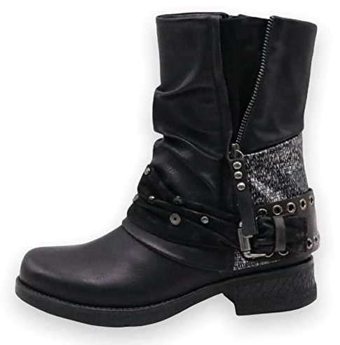 Stivaletti da donna con borchie – Stivali con borchie scarpe tacco a blocco – comodi autunno inverno donna scarpe fibbie – ST04, Nero , 41 EU