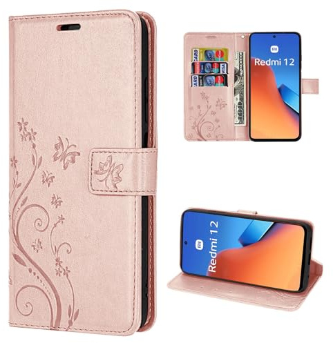 betterfon Hülle Kompatibel mit Xiaomi Redmi 12 | Premium PU Leder Handyhülle Wallet Case für Redmi 12 | Schutzhülle Blumen Klapphülle Handyhülle | Rosegold