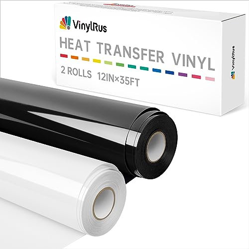 VinylRus Heat Transfer Vinyl-12” x 35FT Black and White Iron on Vinyl Roll for Shirts, HTV Vinyl for Silhouette Cameo, Easy to Cut & Weed