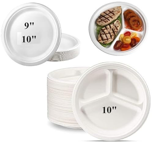 A406 10 Disposable Plates Biodegradable Bagasse Plates, 3 Compartment Plates Eco Friendly Compostable Party Paper Plates 9 (50, 9 Plates)